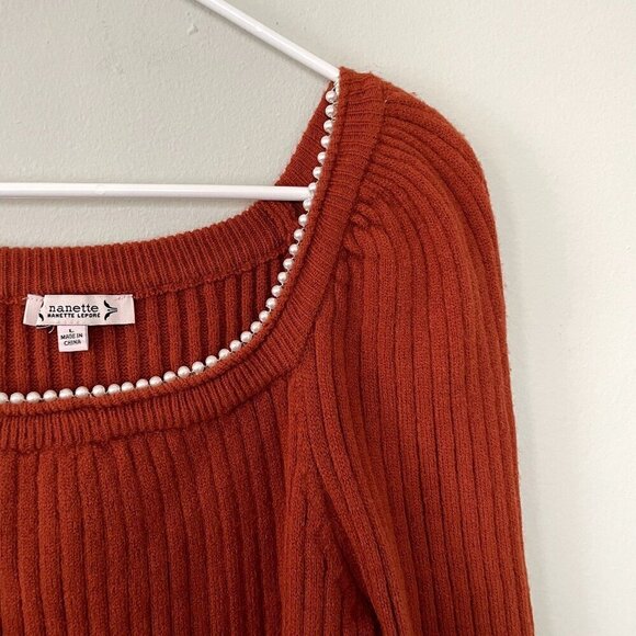 Nanette Nanette Lepore orange coral square neckline sweater pearl women size L - Picture 2 of 6